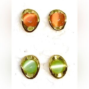 Orange Green Cat’s Eye Glass Abstract Oval Studs Stud Earrings Bundle 2 Pair NWT